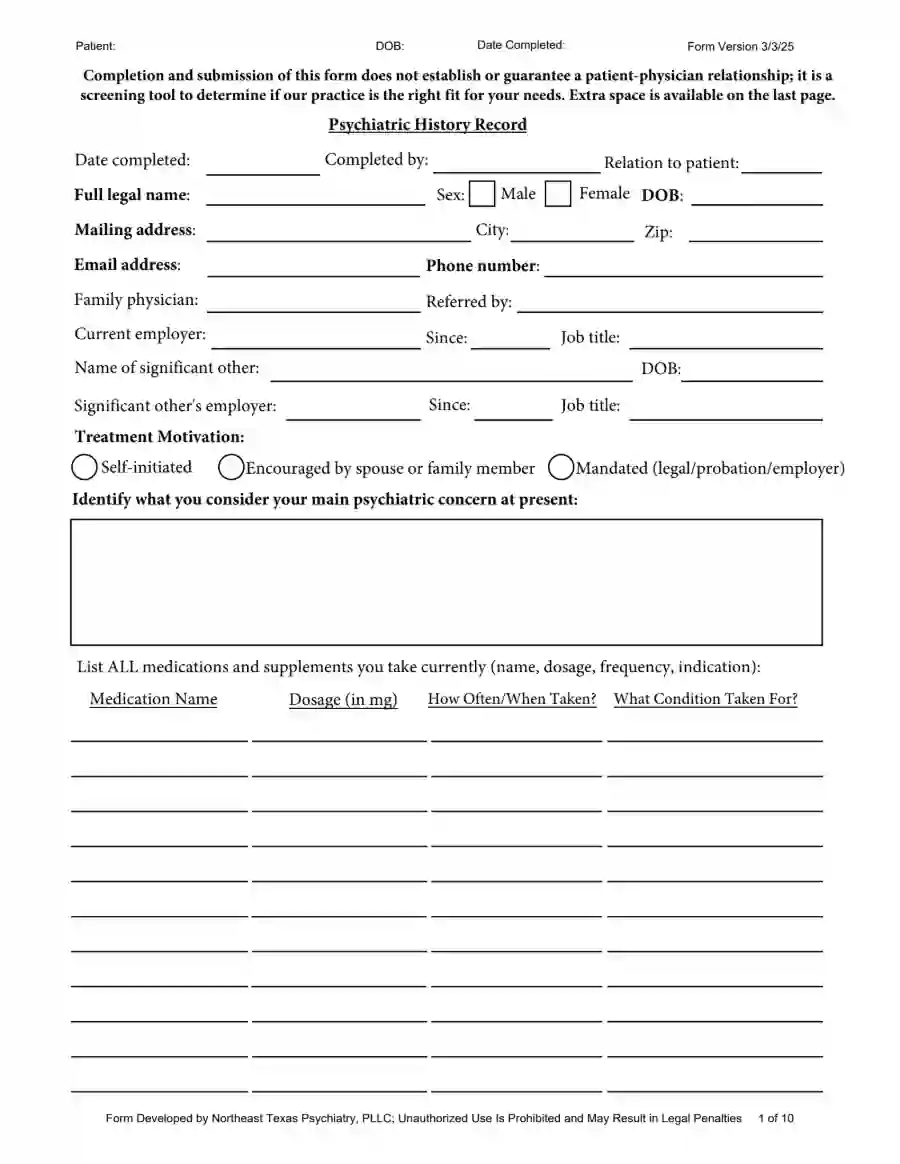 Psychiatric History Record Preview